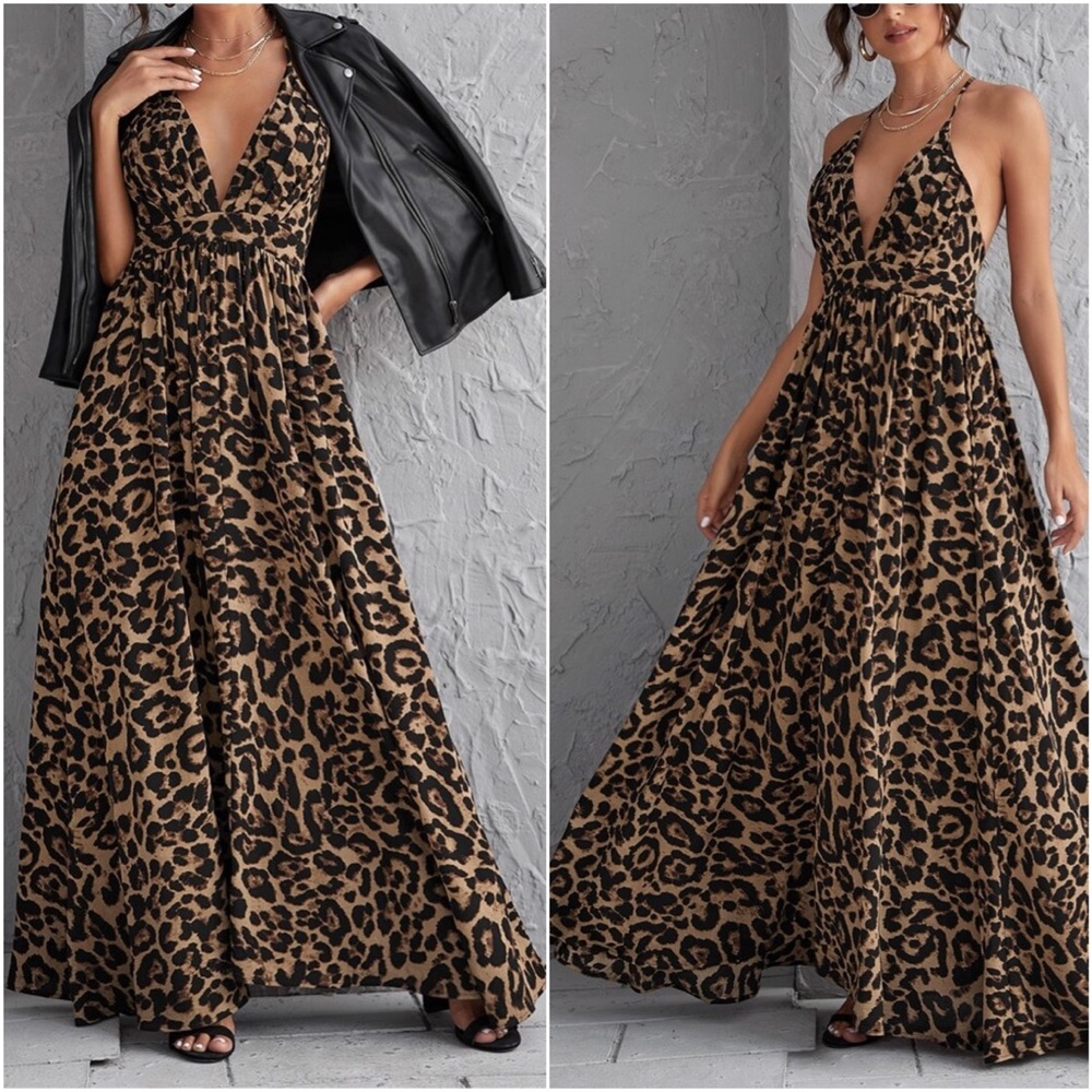 Leopard Print Camel Criss Cross Maxi Dress - Picture 3 of 3